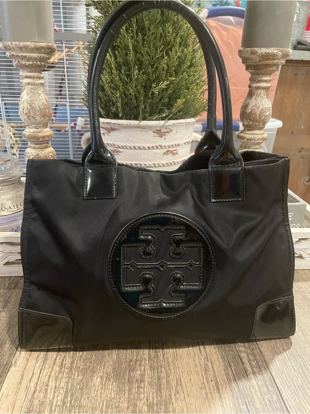 Tory Burch Black Nylon Tote with Patent Logo